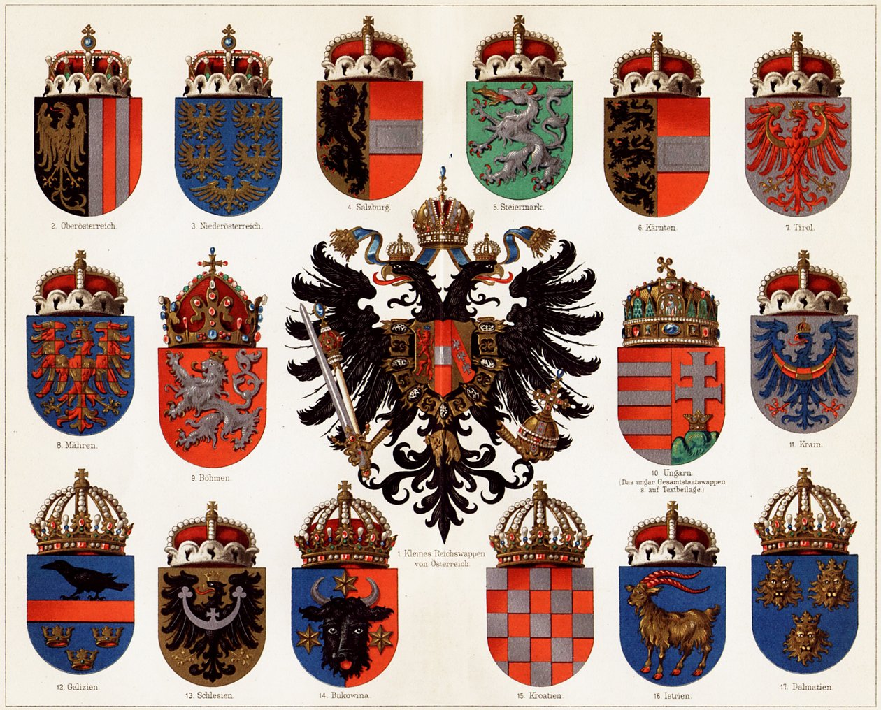 Herby hrabstw Austro-Węgier i mały austriacki herb państwowy, ok. 1900 r. 1907. autorstwa Unbekannt