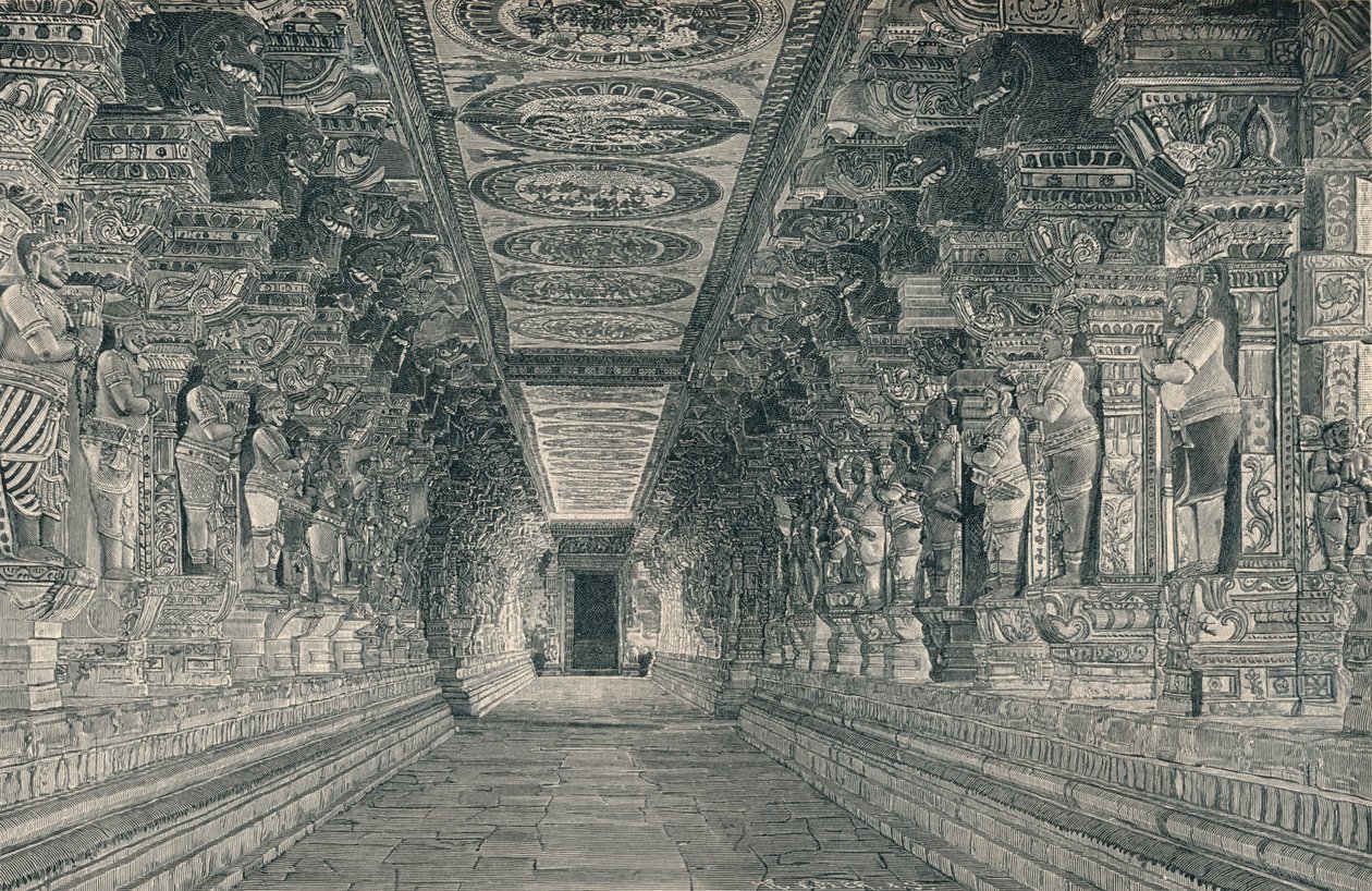Kolumnada we wnętrzu świątyni hinduskiej na wyspie Rameswaram w południowych Indiach, ok. 1903 r., autorstwa Unbekannt