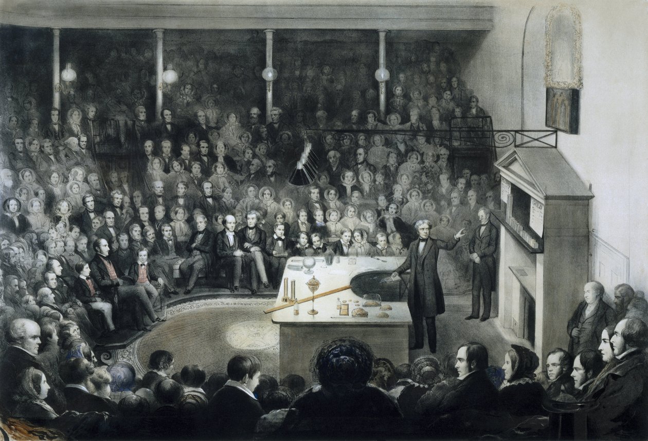 Wykład fizyka Michaela Faradaya (1791-1867) przed Royal Institution w Londynie 27 grudnia 1855 w obecności księcia Alberta Saxe Cobourg Gotha (Saxe-Cobourg-Gotha autorstwa Unbekannt