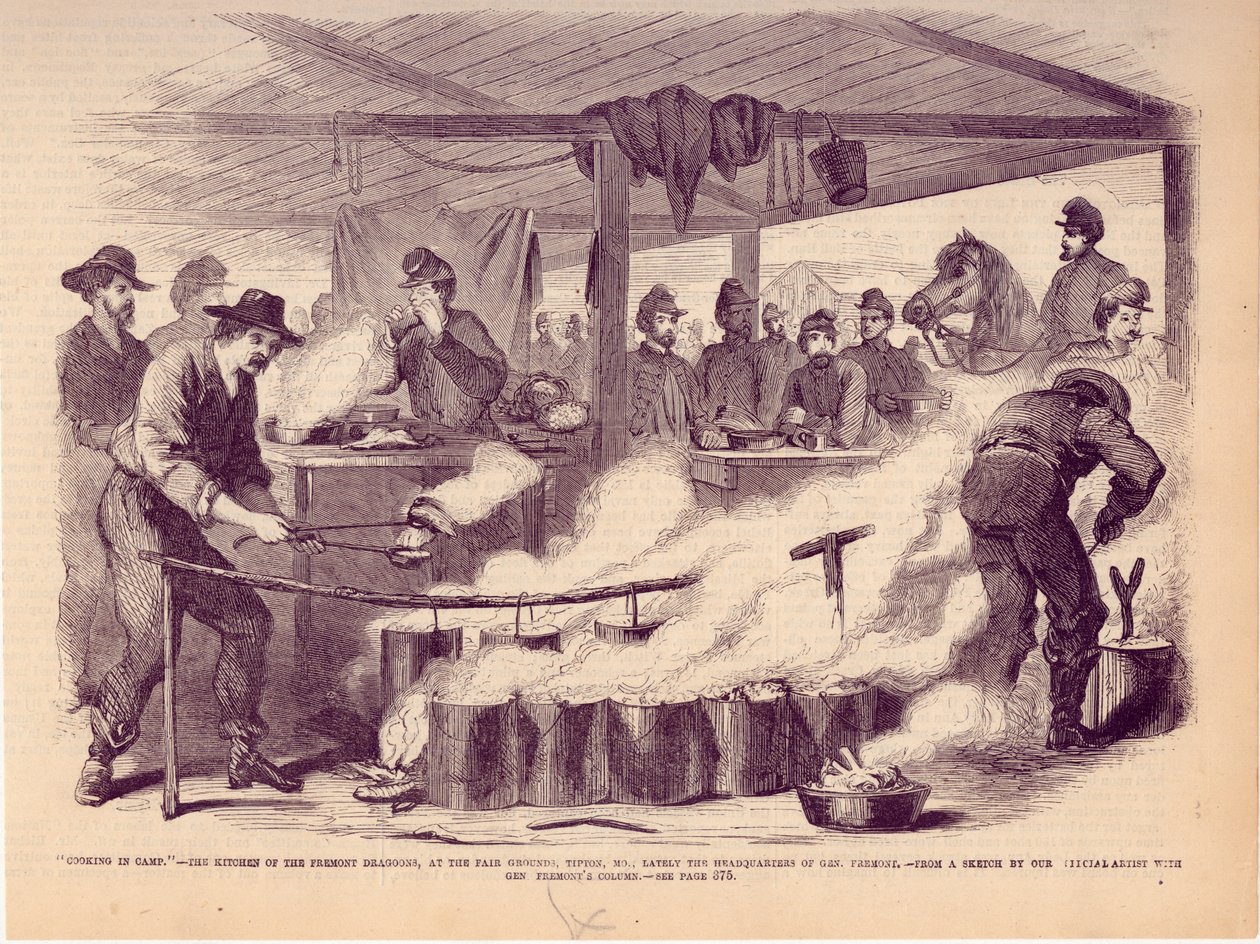 „Gotowanie w obozie”. - Kuchnia Dragonów Fremont, na terenach targowych, Tipton, MO. Ostatnio siedziba gen. Fremonta. autorstwa Unbekannt