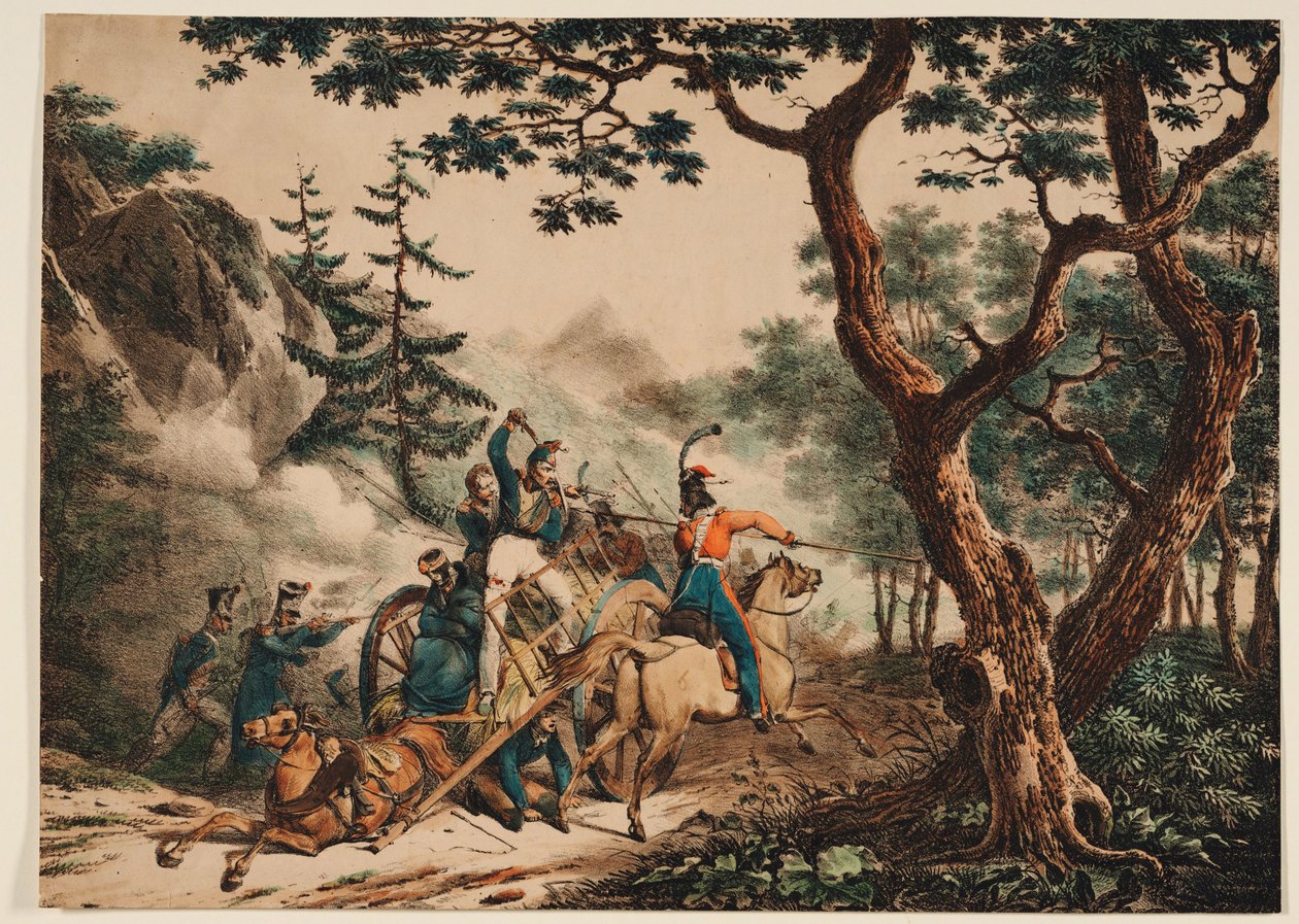 Kozacy atakujący francuskich żołnierzy w lesie, 1825 autorstwa Unbekannt