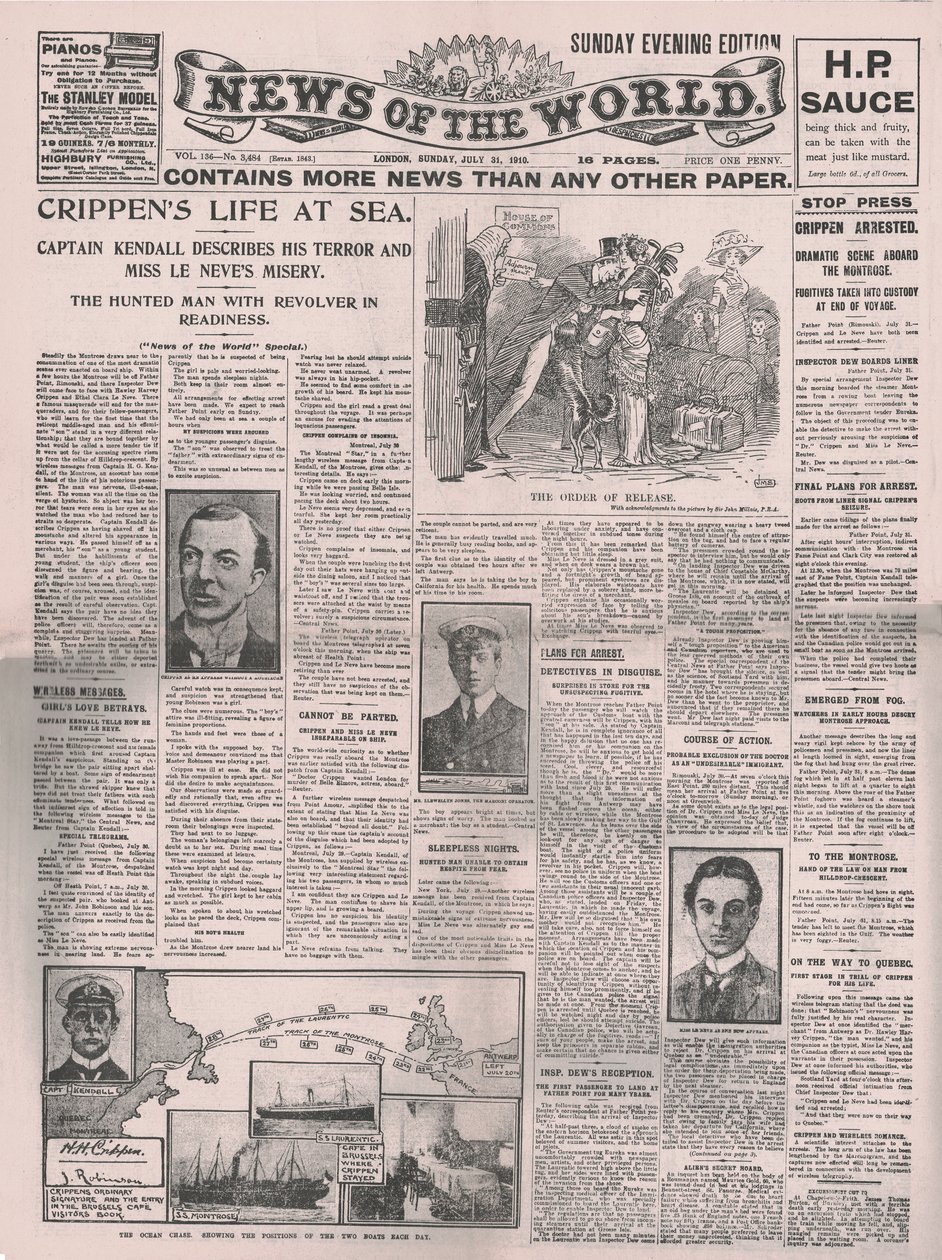 Crippens Life at Sea, pierwsza strona News of the World, 31 lipca 1910. autorstwa Unbekannt
