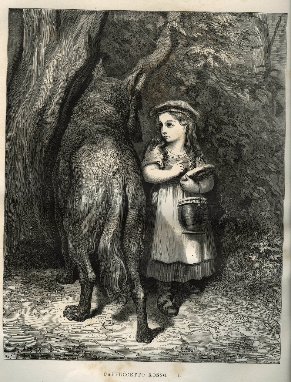 Przechodząc przez las, czerwony kapturek spotyka wilka. Grawer Gustave Dore (1832-1883) z „”Les contes”” Charlesa Perraulta (1628-1703) autorstwa Unbekannt