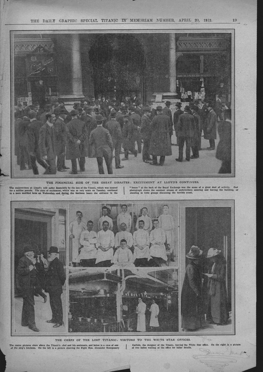 Tłumy przed Lloyds of London, kucharze na pokładzie i biura White Star, 20 kwietnia 1912. autorstwa Unbekannt