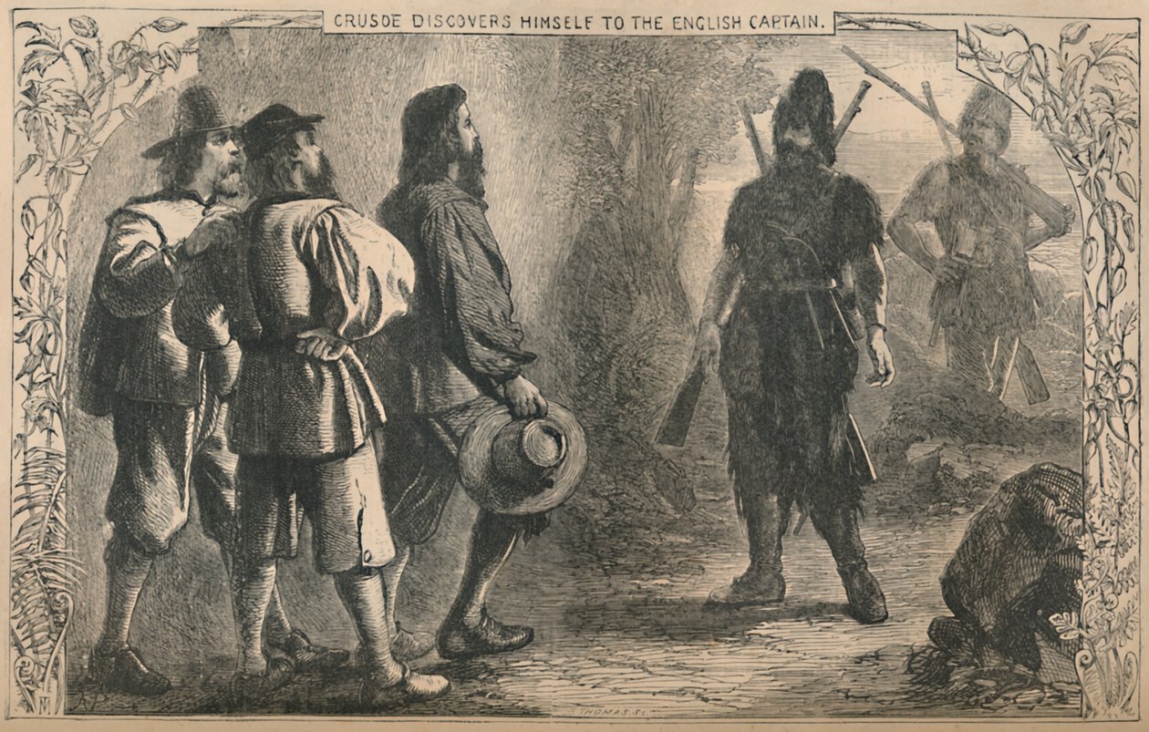 Crusoe odkrywa się angielskiemu kapitanowi, ok. 1870 r autorstwa Unbekannt