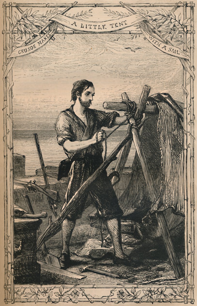 Crusoe robi mały namiot z żaglem, ok. 1870 r. autorstwa Unbekannt
