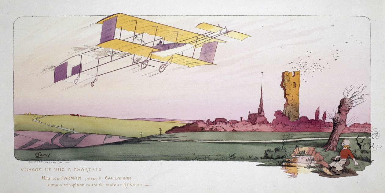 Początek lotnictwa: Maurice Farman (1878-1964) w swoim dwupłatowym samolocie wyposażonym w silnik Renault podczas wyścigu „Voyage de Bac a Chartres”, ok. 1910 autorstwa Unbekannt