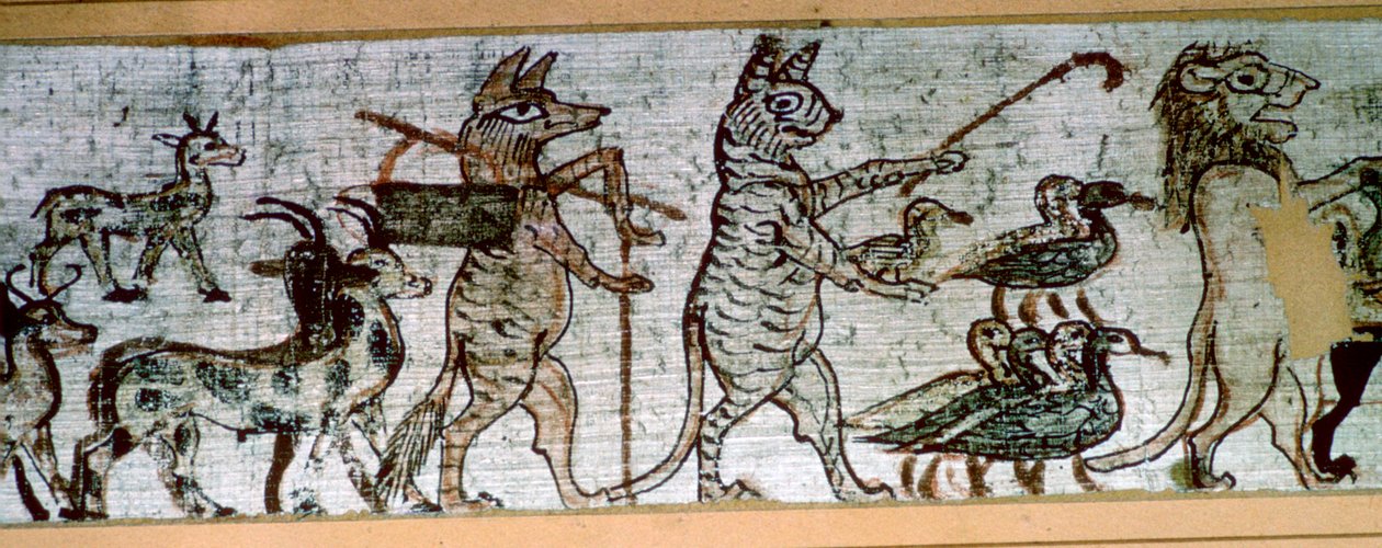 Fragment egipskiego „satyrycznego papirusu” przedstawiający lisa grającego na piszczałkach i prowadzącego kozła oraz kota autorstwa Unbekannt