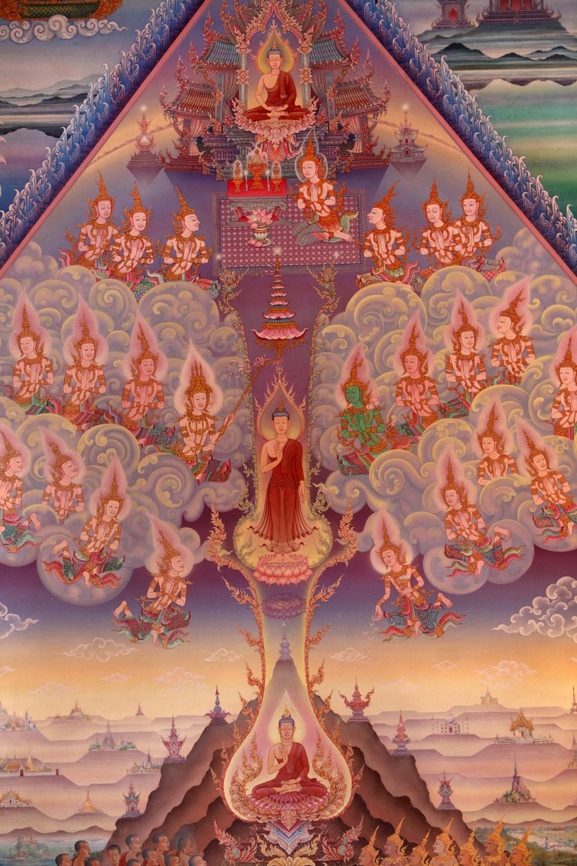 Fragment malowidła ściennego w Uposatha (sala świątynna) świątyni Buddhapadipa, Wimbledon, Wielka Brytania autorstwa Unbekannt