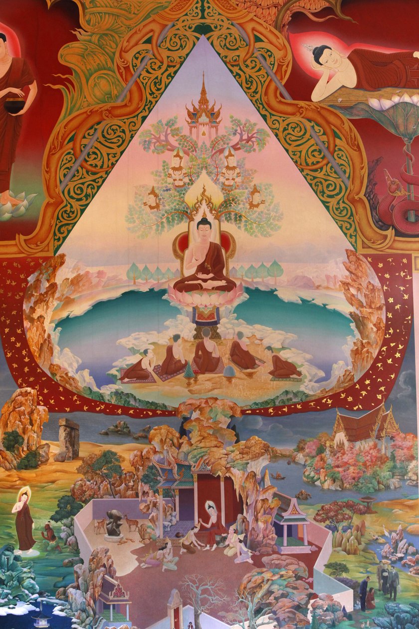 Fragment malowidła ściennego w Uposatha (sala świątynna) świątyni Buddhapadipa, Wimbledon, Wielka Brytania autorstwa Unbekannt