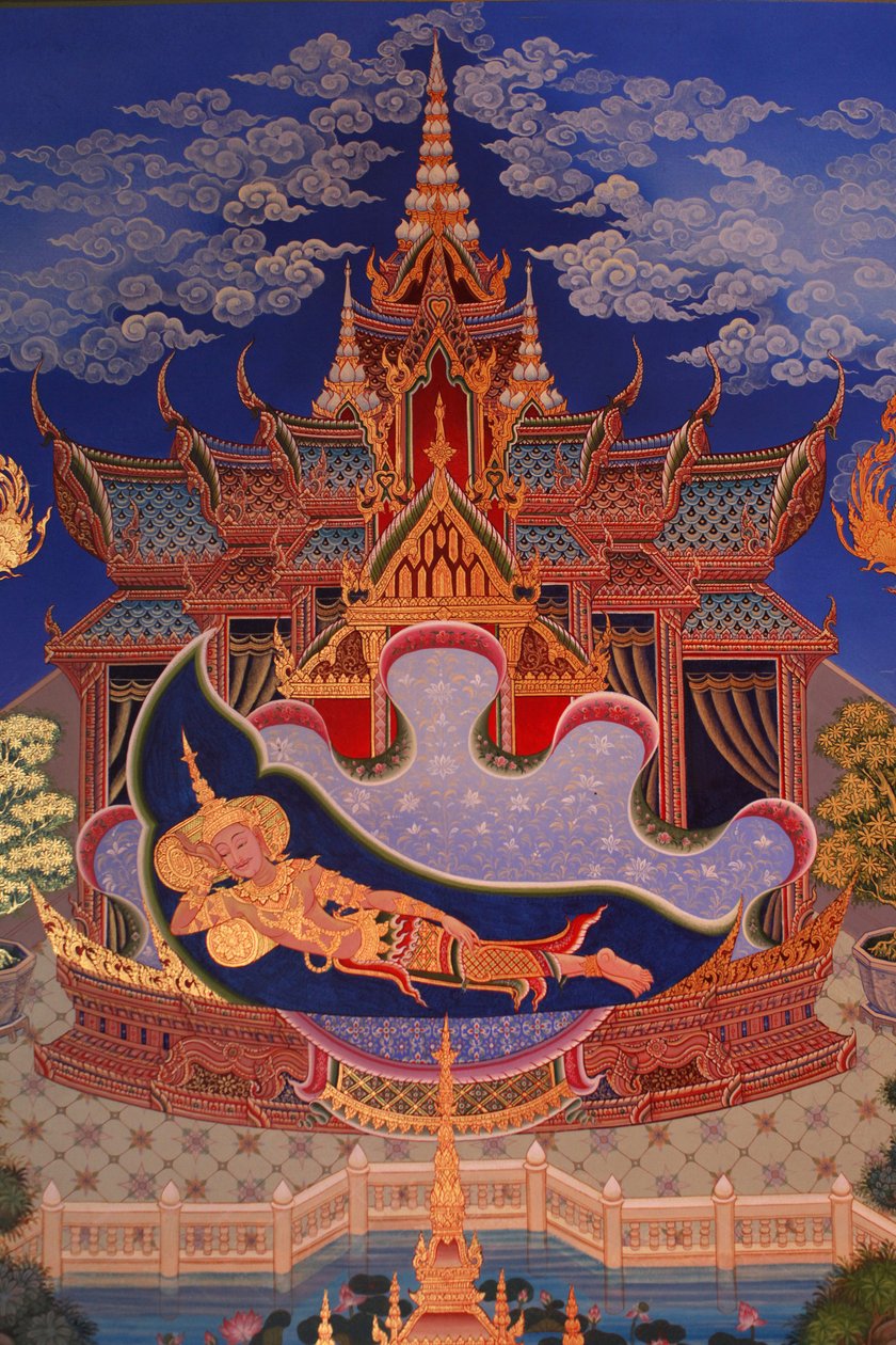Fragment malowidła ściennego w Uposatha (sala świątynna) świątyni Buddhapadipa, Wimbledon, Wielka Brytania autorstwa Unbekannt