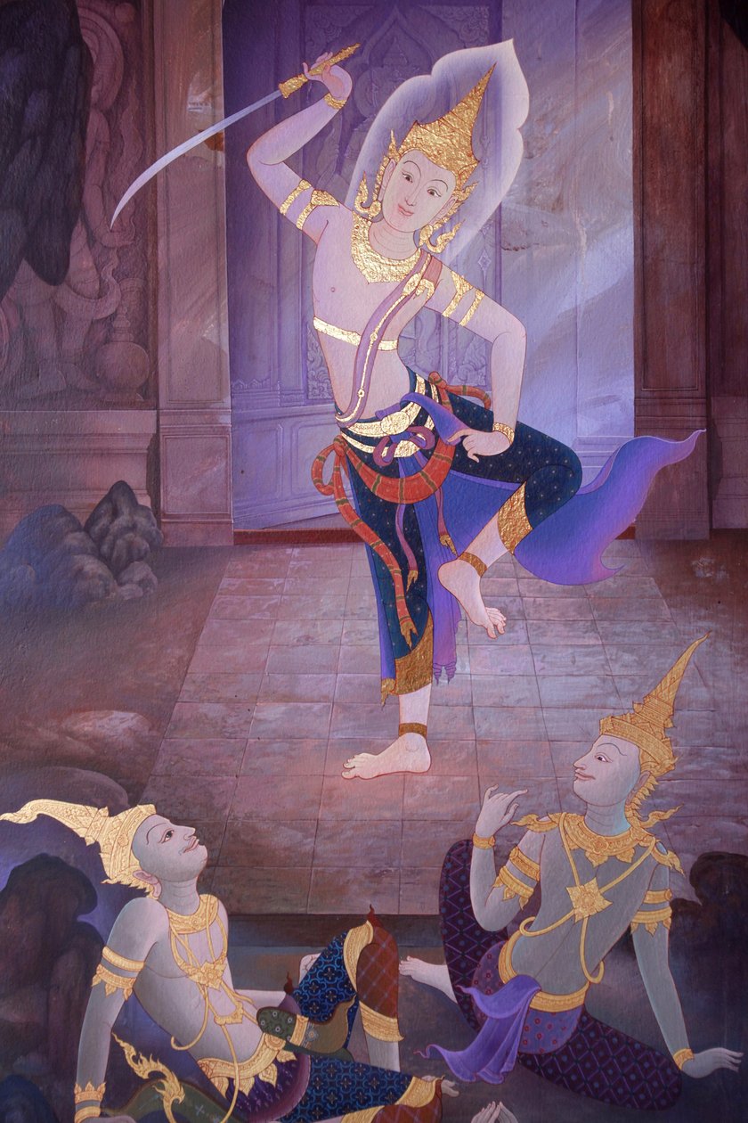 Fragment malowidła ściennego w Uposatha (sala świątynna) świątyni Buddhapadipa, Wimbledon, Wielka Brytania autorstwa Unbekannt