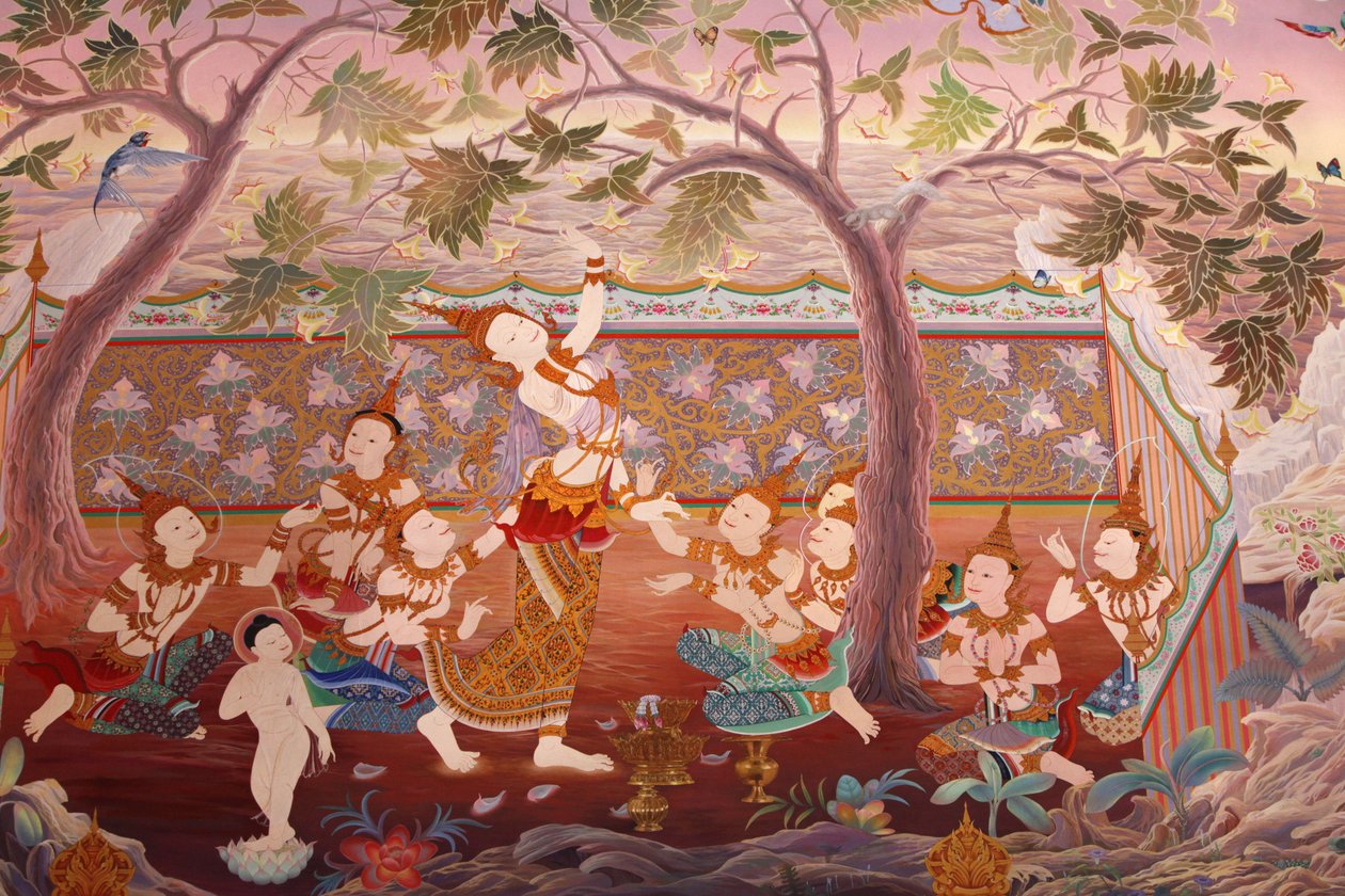Fragment malowidła ściennego w Uposatha (sala świątynna) świątyni Buddhapadipa, Wimbledon, Wielka Brytania autorstwa Unbekannt
