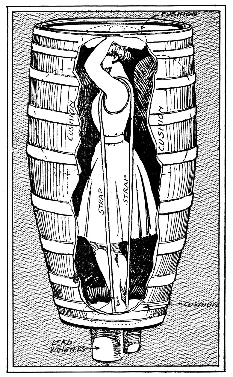 Diagram przedstawiający panią Anne Edson Taylor w beczce, w której zanurzyła się nad wodospadem Niagara, 1901 autorstwa Unbekannt