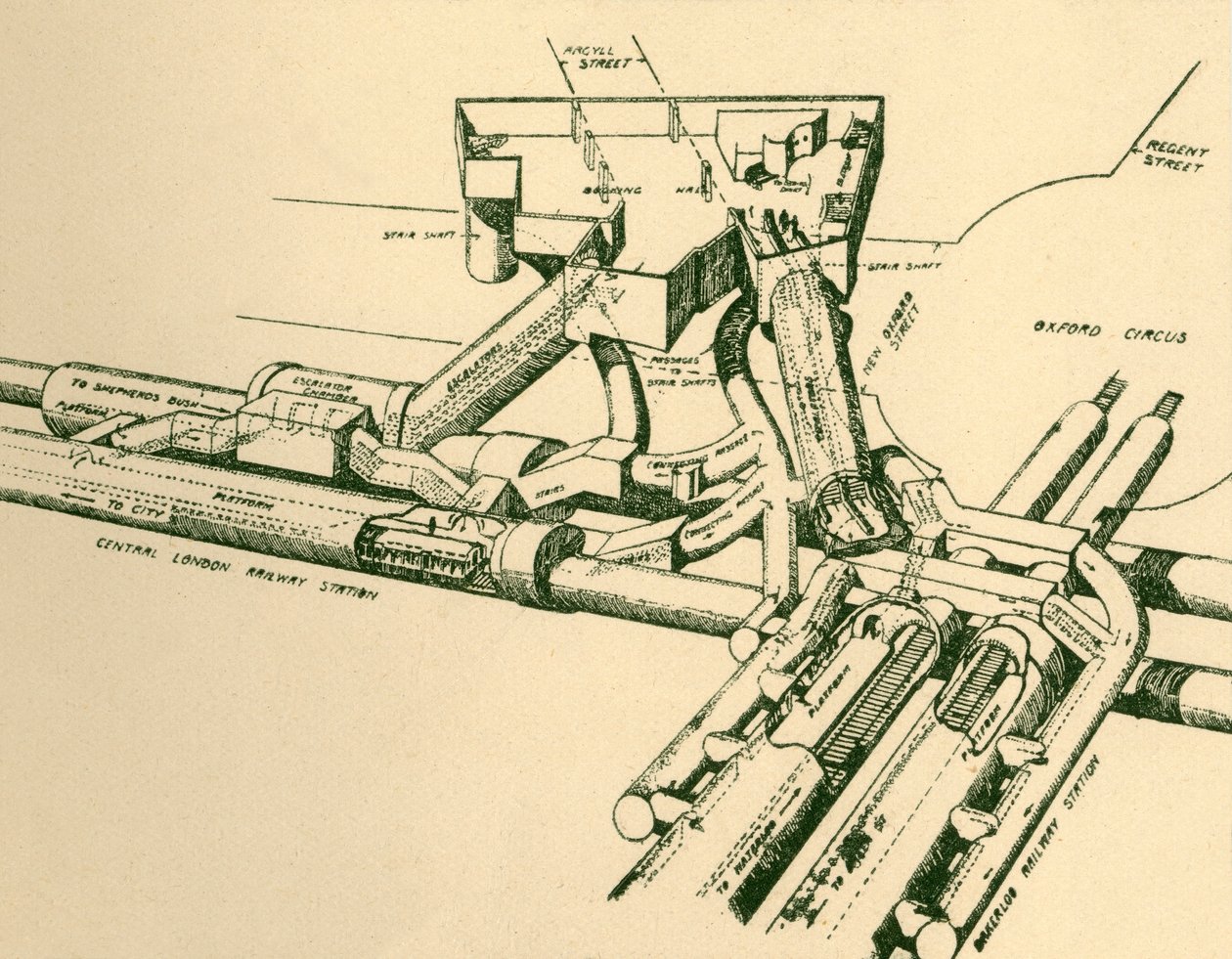 Schemat nowej stacji metra w Oxford Circus, 1930. autorstwa Unbekannt