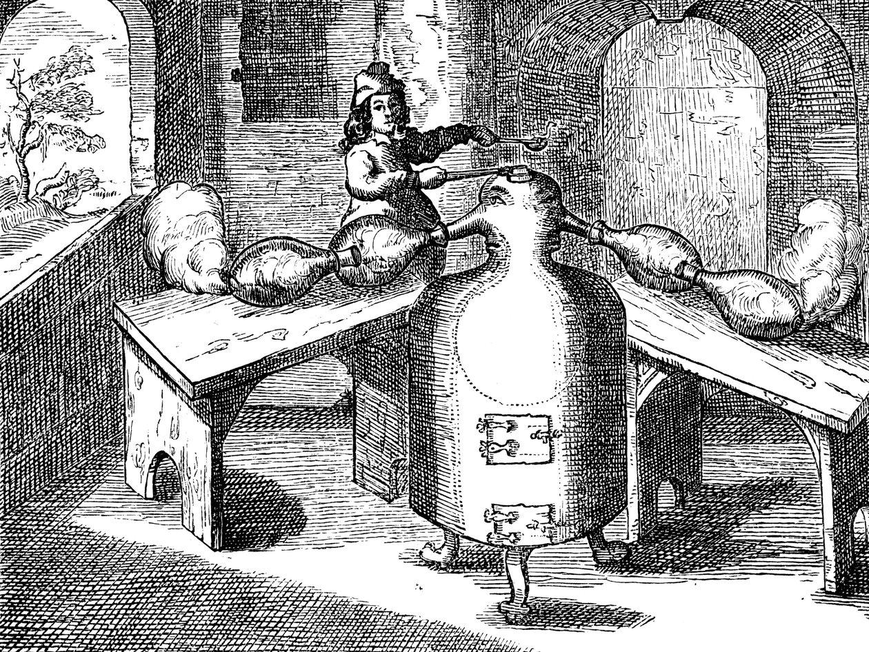 Destylacja kwasu azotowego Aqua fortis lub kwas pożegnalny w żelaznym człowieku z dwoma nosami, 1689 autorstwa Unbekannt