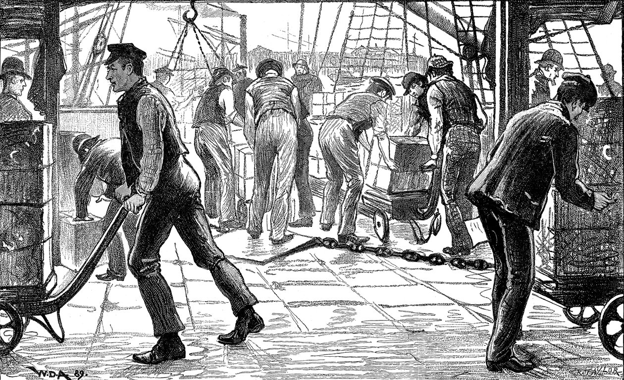 Dokerzy rozładowują herbatę w londyńskich dokach, 1889 autorstwa Unbekannt