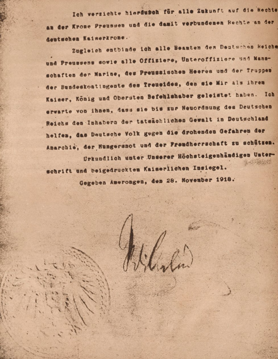 Dokument potwierdzający abdykację cesarza Wilhelma II z Niemiec, 9 listopada 1918 1935. autorstwa Unbekannt