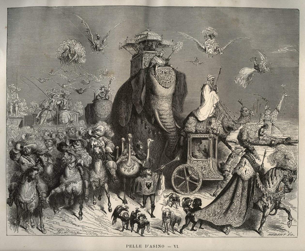 Skóra osła: karosus i orszak ślubny. Grawer Gustave Dore (1832-1883) z „”Les contes”” Charlesa Perraulta (1628-1703) autorstwa Unbekannt