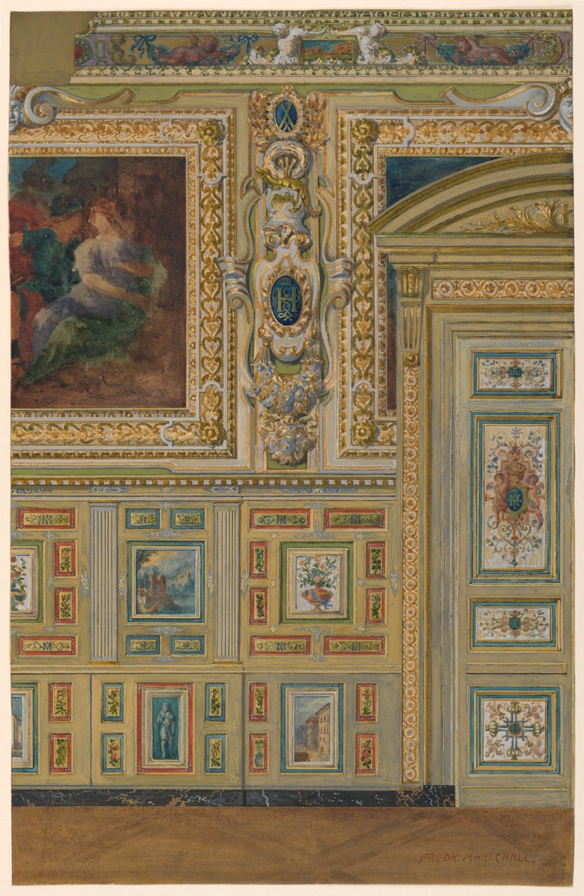 Rysunek, Przekrój ściany przedstawiający grupy malowanych paneli, Komnata owalna, Salon Ludwika XIV, Pałac Fontainebleau, Francja autorstwa Unbekannt