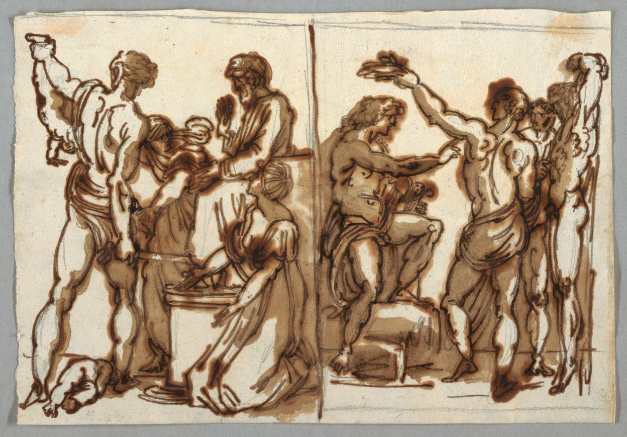 Rysunek, Wyrok Salomona; Obdzieranie ze skóry Marsjasza, ca. 1820 autorstwa Unbekannt