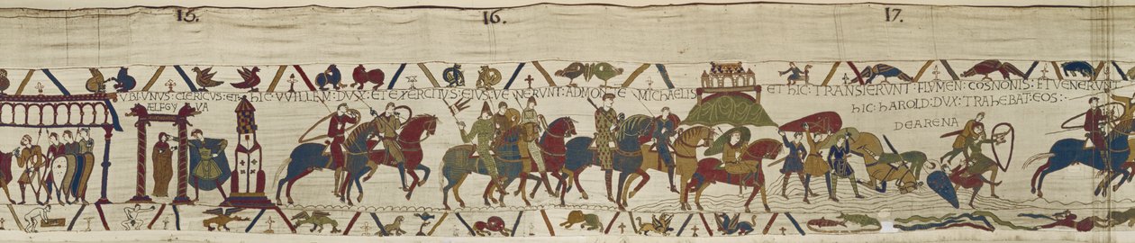 Książę William prowadzi swoją armię do Bretanii, gdzie Harold dzielnie ratuje żołnierzy z ruchomych piasków, Bayeux Tapestry (haft wełniany na płótnie) autorstwa Unbekannt