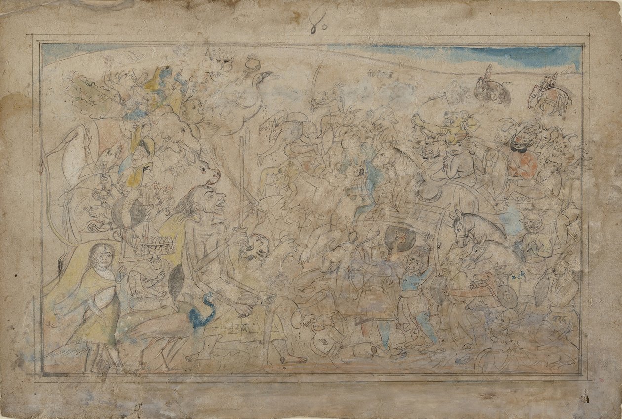 Durga, Kali i pięć matrików walczą z demoniczną armią demona Shumbha..., ka. 1780. autorstwa Unbekannt