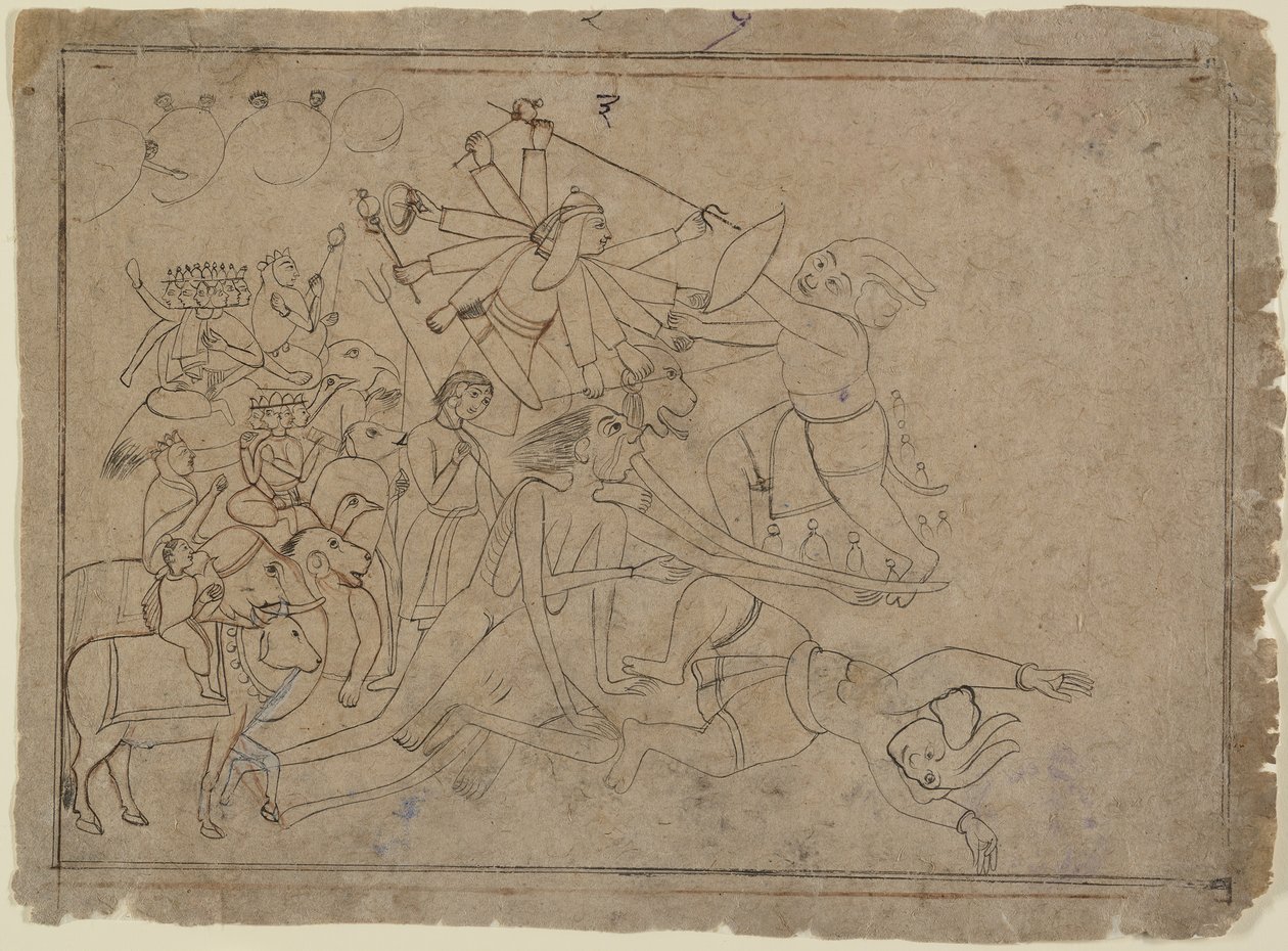 Durga, Kali i matriki walczą z demonem Raktabija: scena z Devi Mahatmya, Ka. 1780. autorstwa Unbekannt
