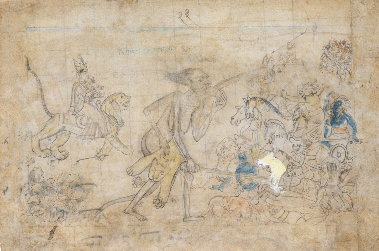 Durga i Kali zbliżają się do zgromadzonych armii Chandy i Mundy..., ca. 1780. autorstwa Unbekannt