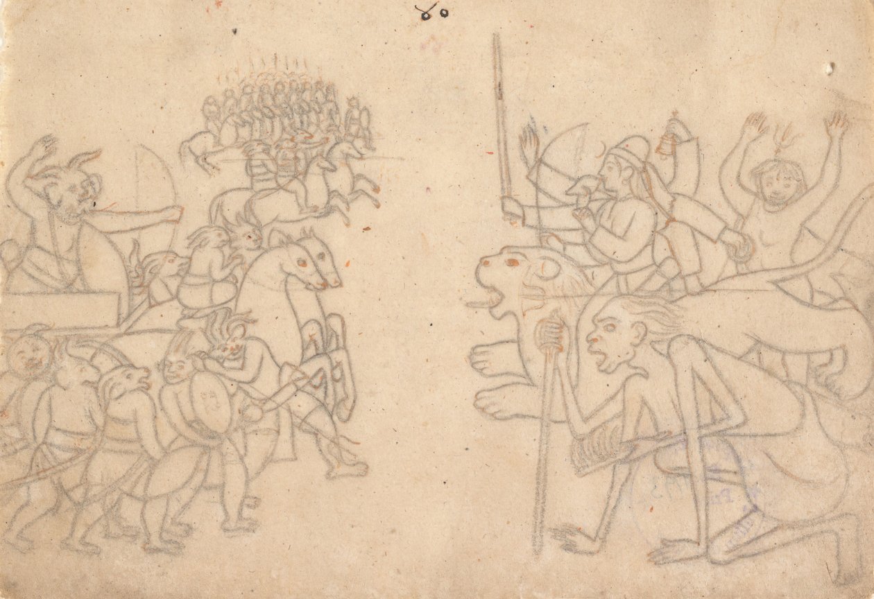 Durga i Kali zbliżają się do zgromadzonych armii Chandy i Mundy... Devi Mahatmya, ok. 1780. autorstwa Unbekannt