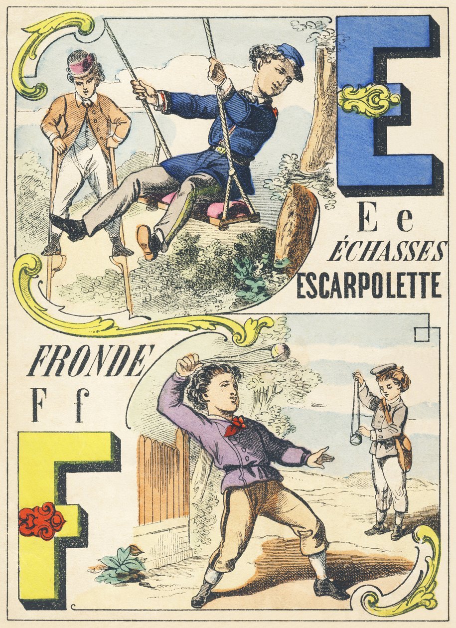 E F: echasses, escarpolette, fronde - alfabet gier, c.1890 (ilustracja) autorstwa Unbekannt