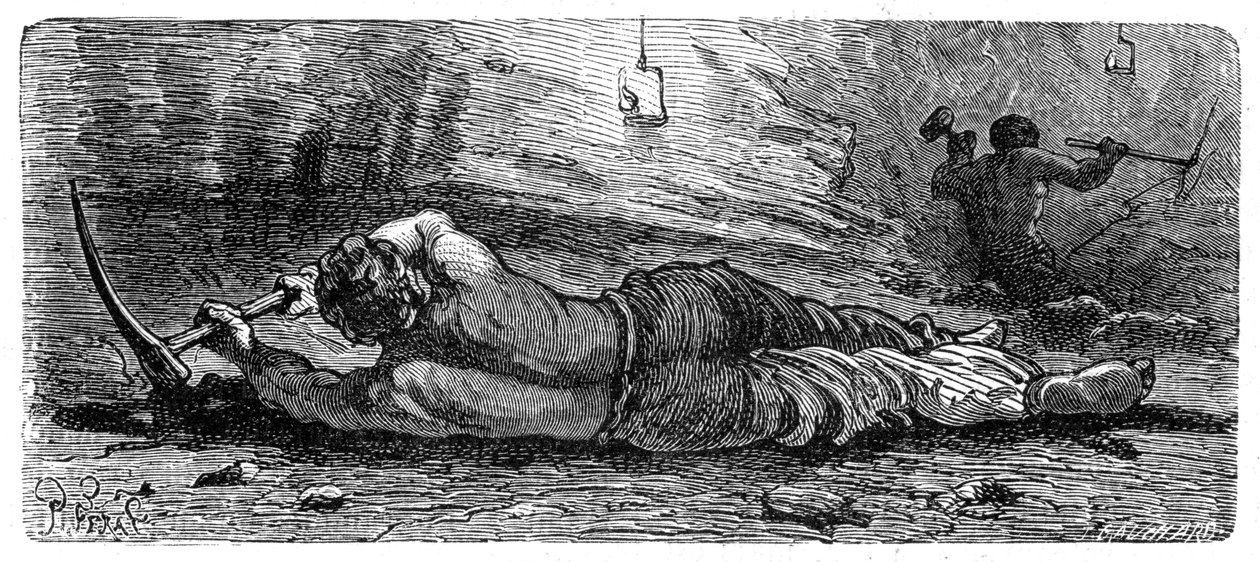 Górnik z początku XIX w. pracujący w wąskim pokładzie, ok. 1868 r. autorstwa Unbekannt