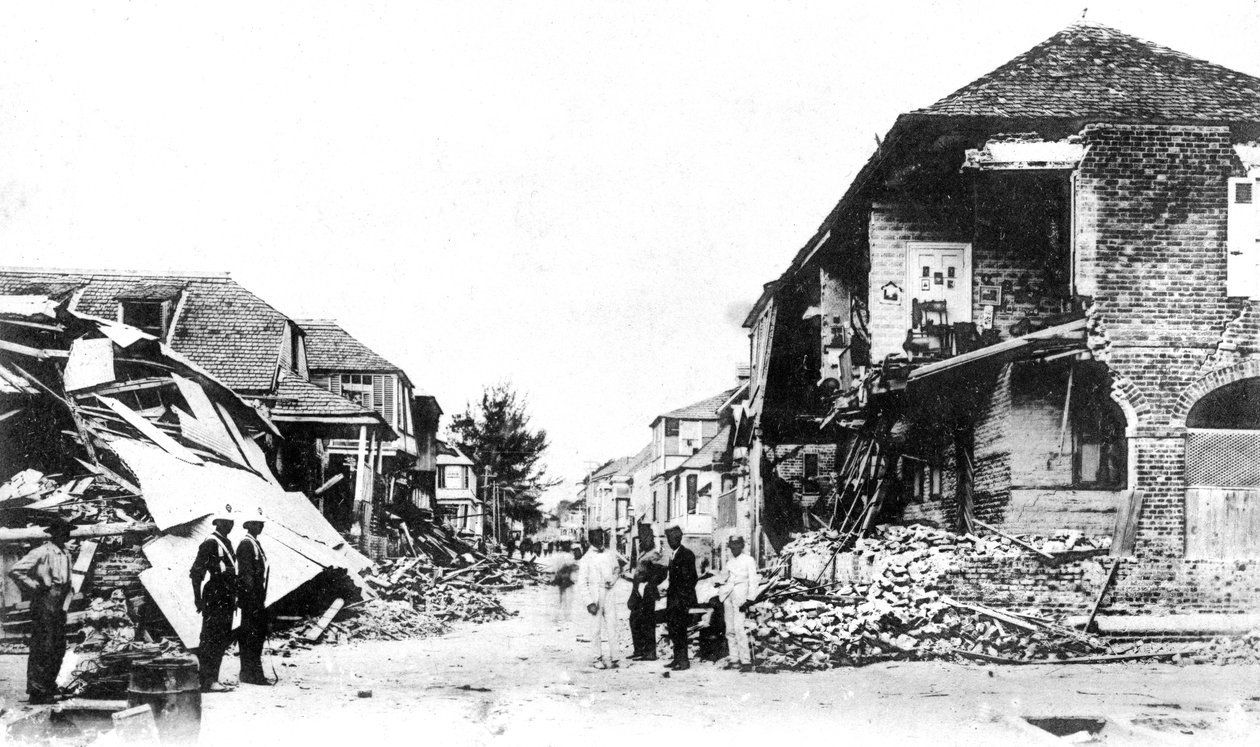 Uszkodzenia w wyniku trzęsienia ziemi, Duke Street, Kingston, Jamajka, 1907 autorstwa Unbekannt
