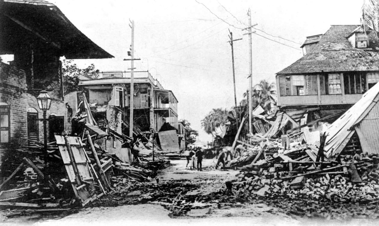 Uszkodzenia w wyniku trzęsienia ziemi, King Street i Harbour Street, Kingston, Jamajka, 1907 autorstwa Unbekannt