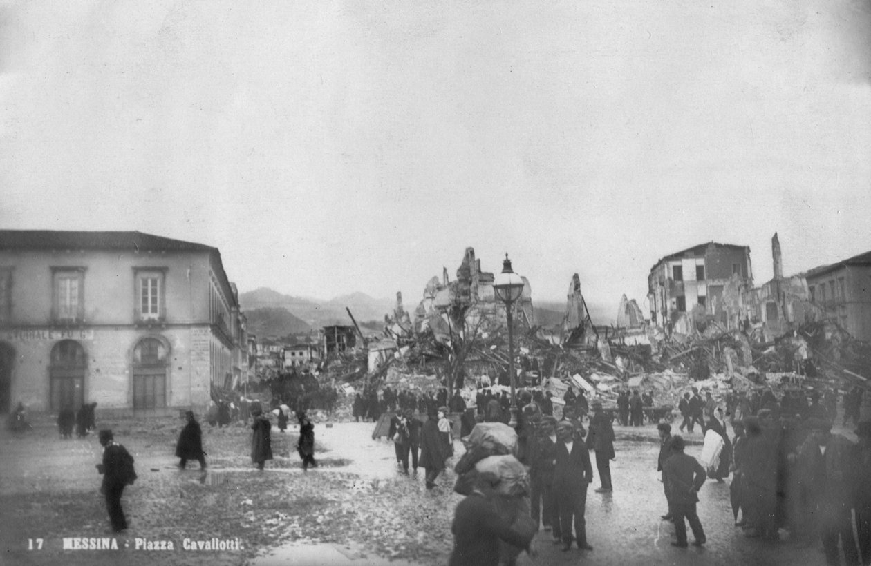 Zniszczenia w wyniku trzęsienia ziemi na Piazza Cavallotti, Mesyna, Sycylia, Włochy, grudzień 1908 r. autorstwa Unbekannt