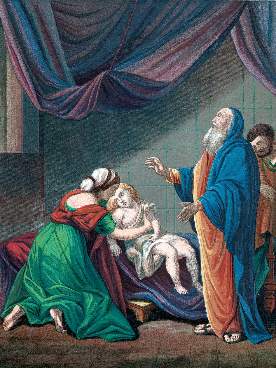 Eliasz, prorok Starego Testamentu, wychowujący syna wdowy z pozornej śmierci, ok. 1860 r. autorstwa Unbekannt