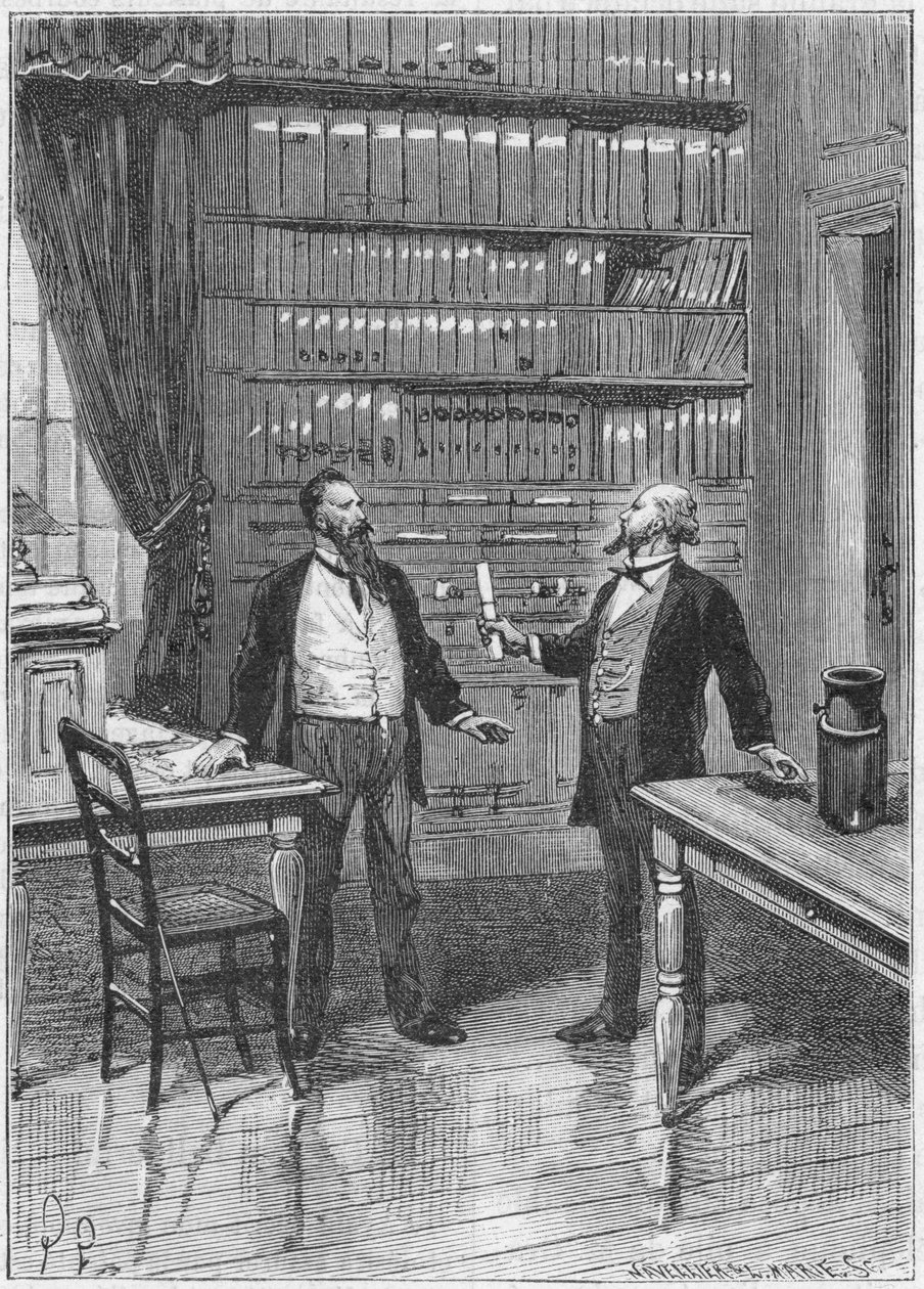 Elisha Gray, amerykański wynalazca, przedstawiający zastrzeżenie dla swojego telefonu, 1876, c1890 autorstwa Unbekannt