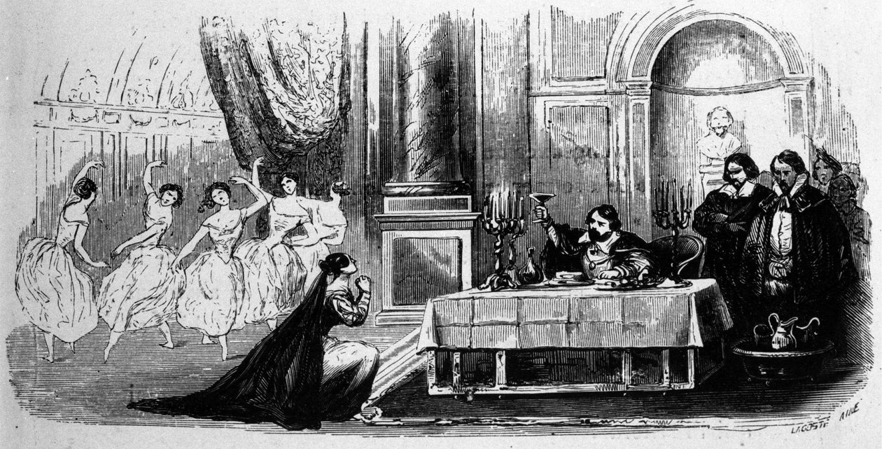 Elvira błaga Don Giovanniego o zmianę postępowania, scena z „Don Giovanniego” Wolfganga Amadeusza Mozarta (rycina) autorstwa Unbekannt