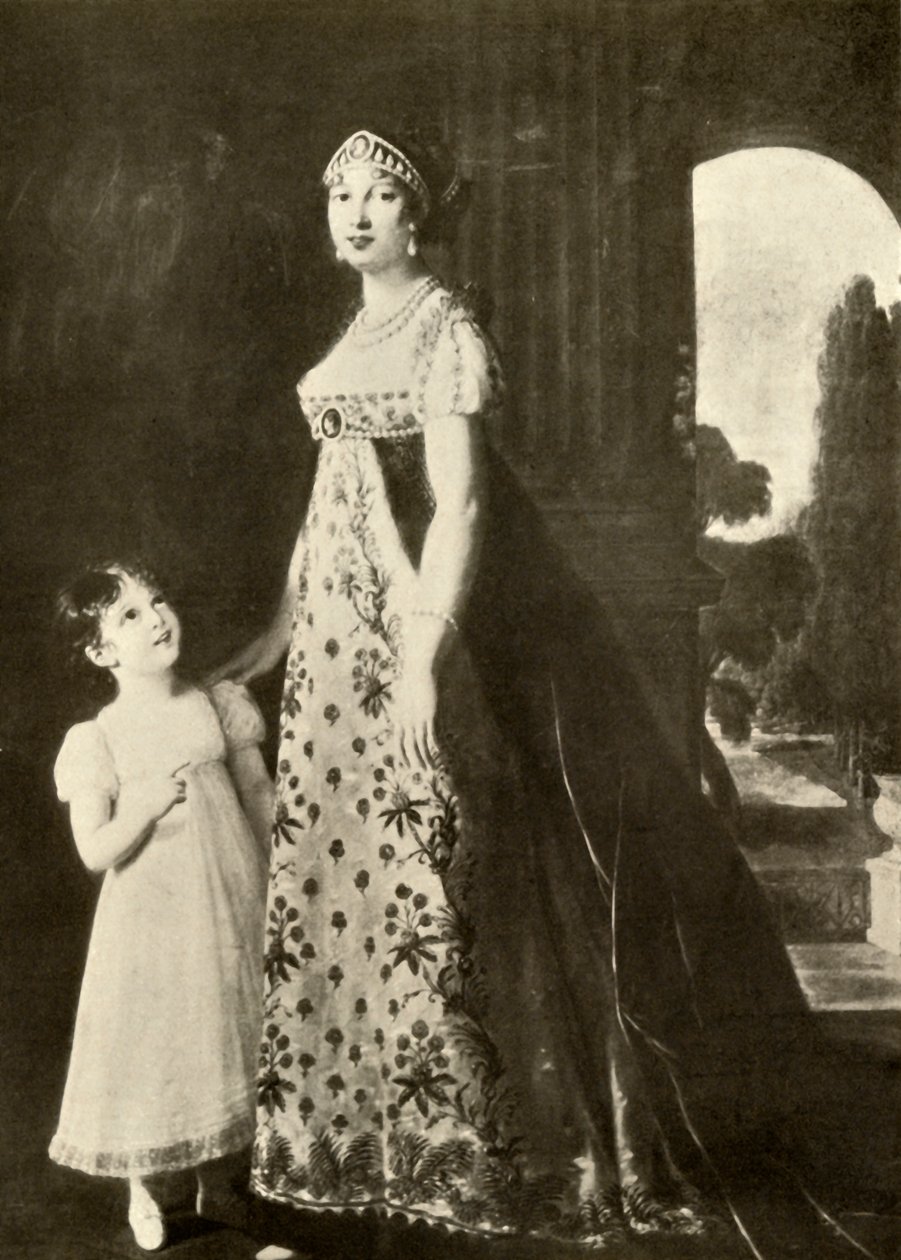 Suknia empirowa i sukienka dziecięca obszyte koronką walentynkową, 1804, 1937. autorstwa Unbekannt