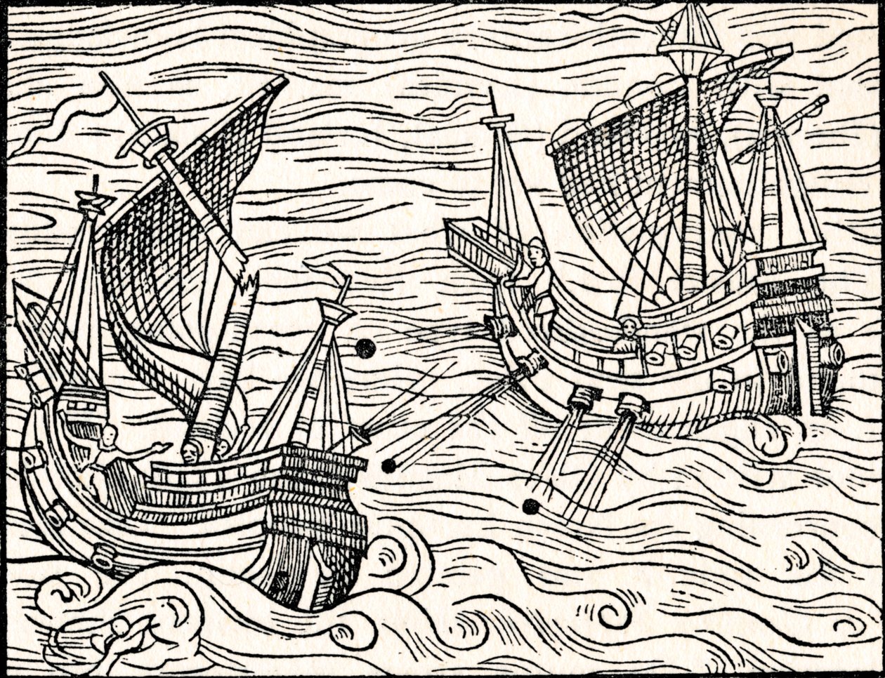 Zaręczyny między dwoma statkami handlowymi u wybrzeży Islandii, 1555 autorstwa Unbekannt