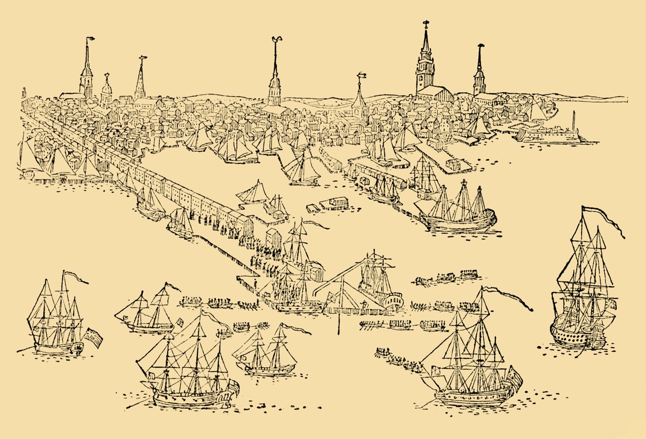 Angielskie statki wojenne w Bostonie, gdzie odbyło się przyjęcie herbaciane w 1768, ok. 1930. autorstwa Unbekannt