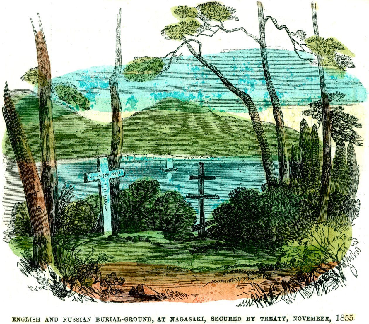 Angielski i rosyjski cmentarz w Nagasaki, zabezpieczony traktatem, listopad 1855, 1856 autorstwa Unbekannt