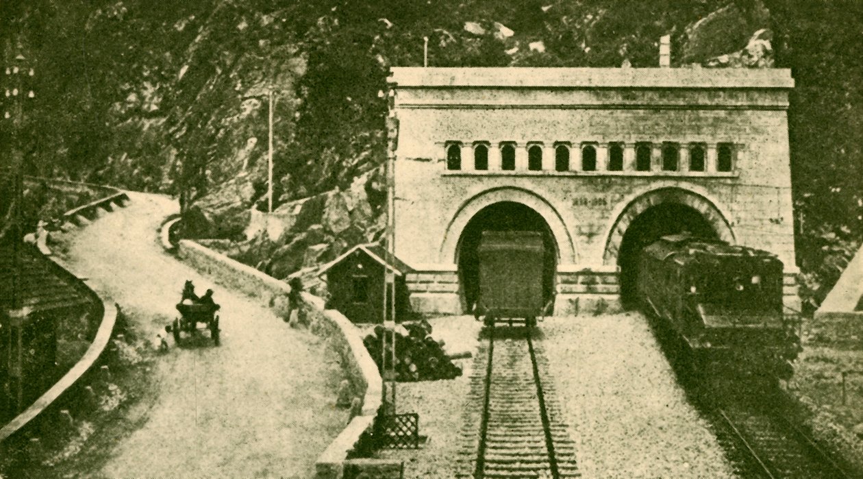 Wejście do tunelu Simplon o długości 12 mil, łączącego Szwajcarię i Włochy, ok. 1930. autorstwa Unbekannt