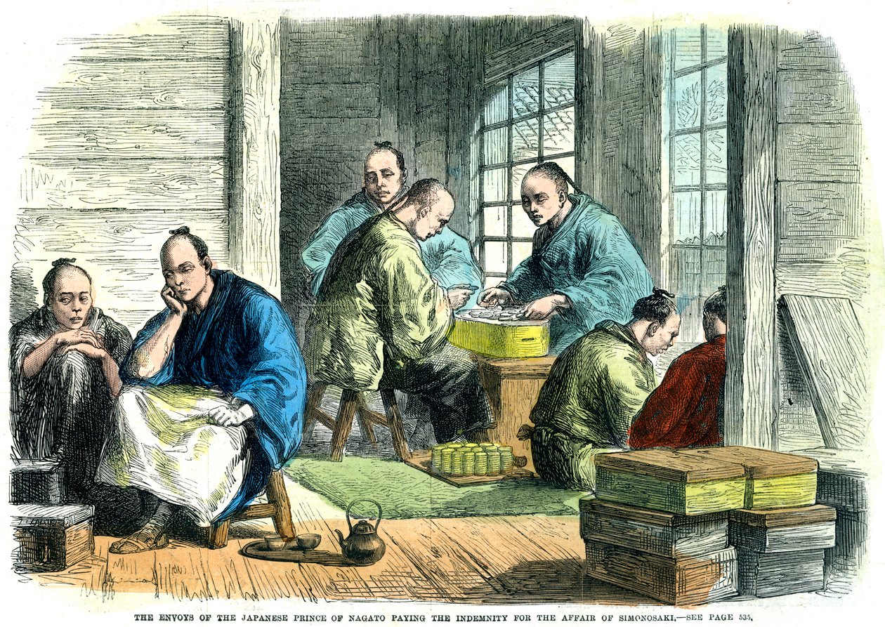 Wysłannicy japońskiego księcia Nagato płacącego odszkodowanie za romans Simonosaki, 1865 autorstwa Unbekannt