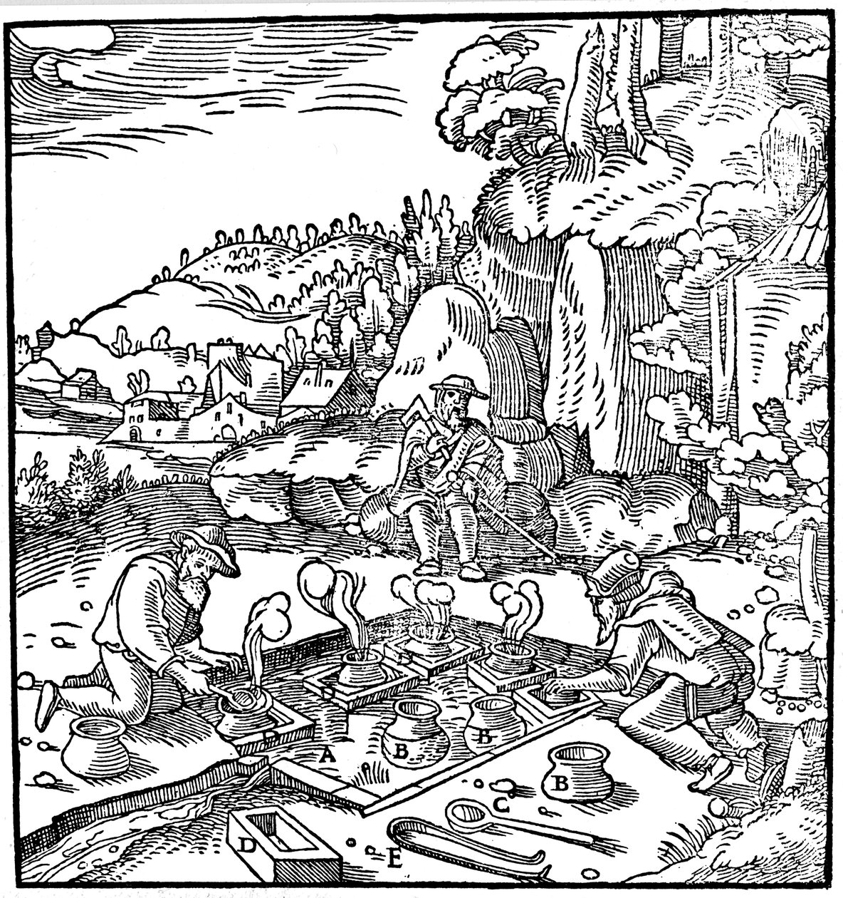 Odparowywanie solanki w naturalnym gorącym źródle w celu uzyskania soli, 1556 autorstwa Unbekannt