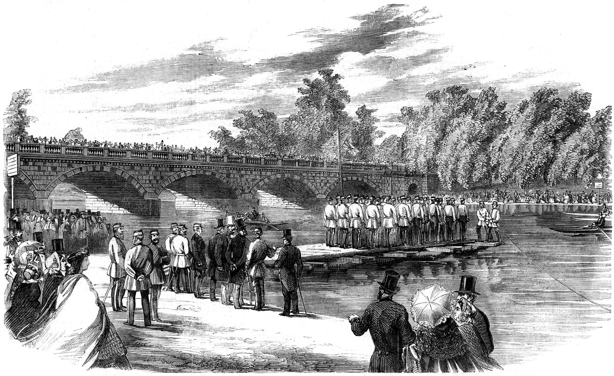 Eksperymenty z mostem pontonowym Kapitana Fowkesa na Serpentine, Hyde Park, Londyn, 1860 autorstwa Unbekannt