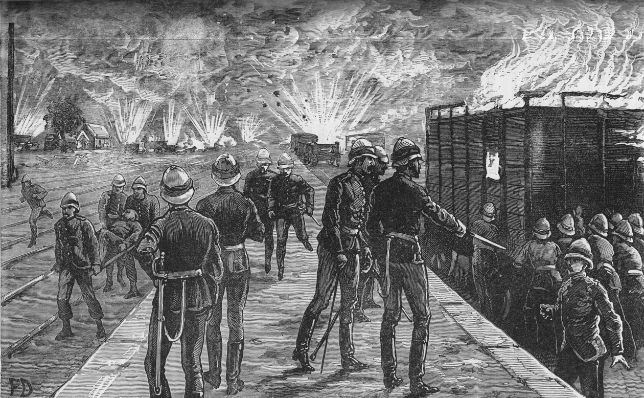 Wybuch na dworcu kolejowym w Kairze: rozerwanie pocisków i amunicji, c1882-85 autorstwa Unbekannt