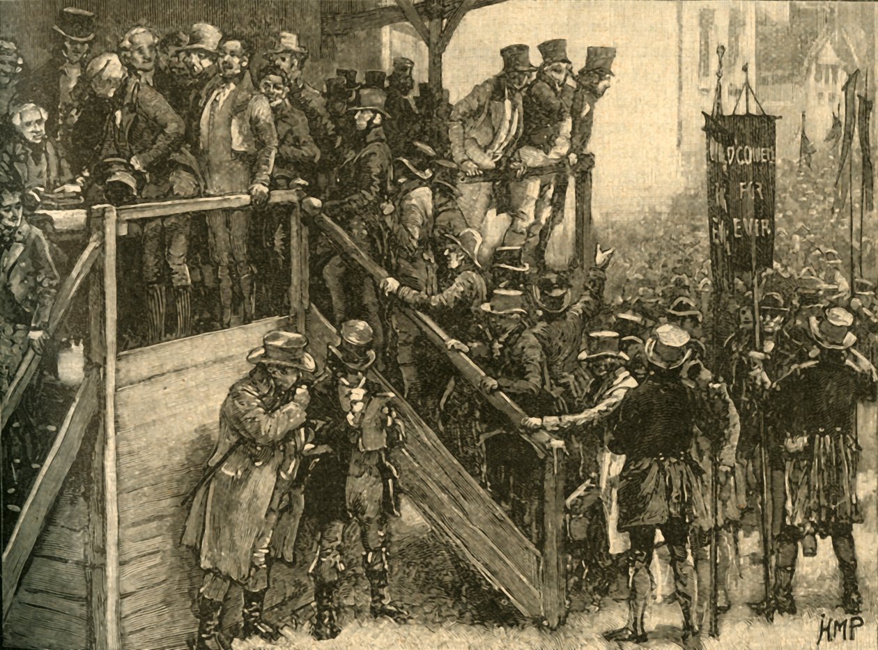 Ojciec John Murphy prowadził swoich lokatorów do głosowania w wyborach uzupełniających do Clare, Irlandia, 1828/1890. autorstwa Unbekannt