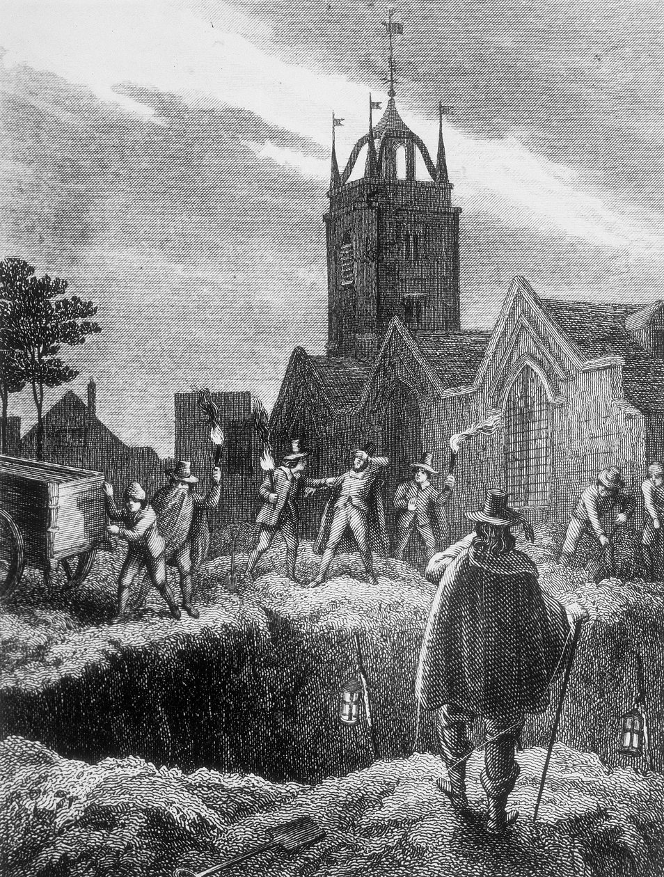 Wypełnianie zbiorowego grobu nocą podczas zarazy londyńskiej, ok. 1665 autorstwa Unbekannt