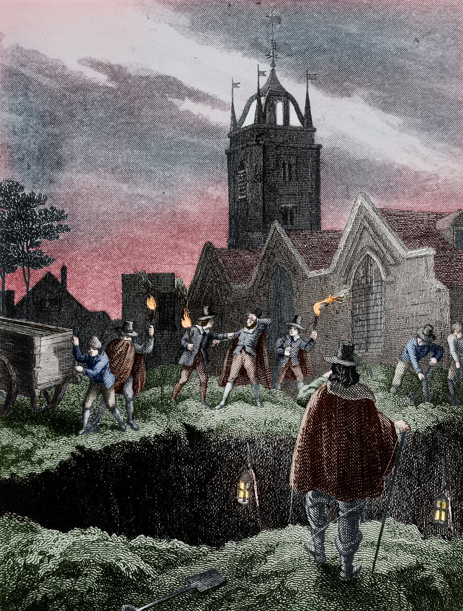 Wypełnianie zbiorowego grobu nocą podczas zarazy londyńskiej, ok. 1665 autorstwa Unbekannt
